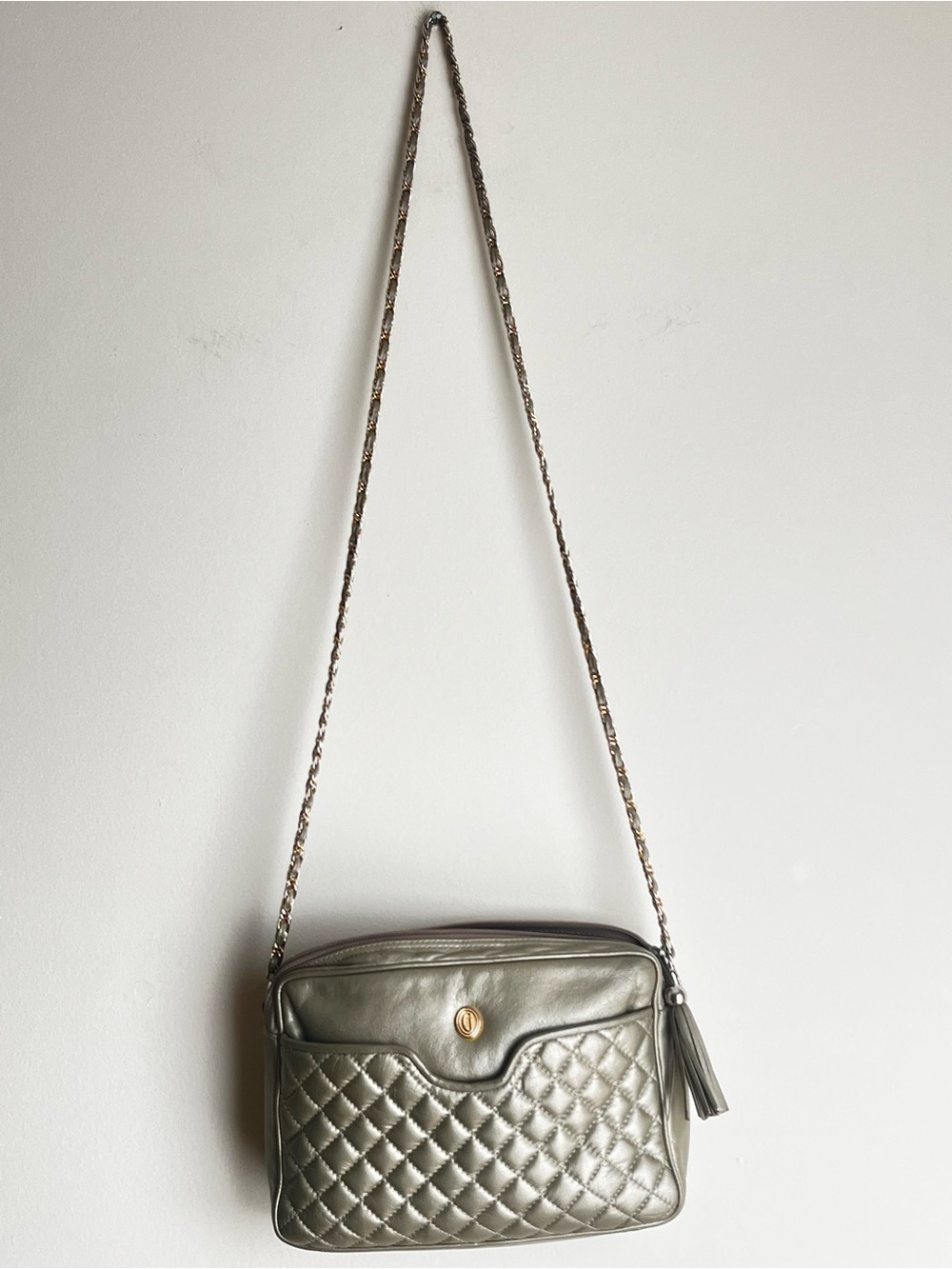 Vintage Ganson Quilted Metallic Leather Crossbody Shoulder Bag Champagne Gold